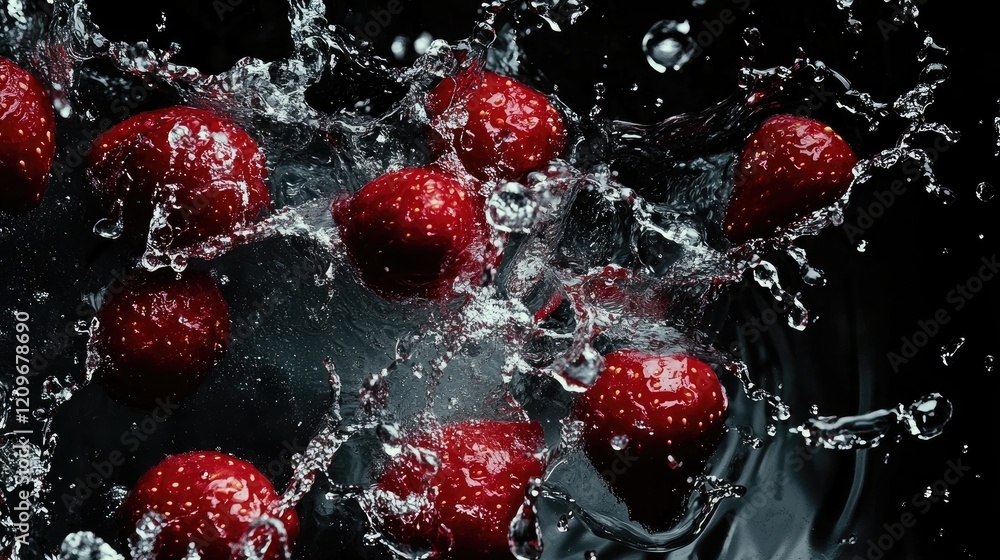 Poster fresh strawberries splashing into water creating dynamic ripples against a sleek black background
