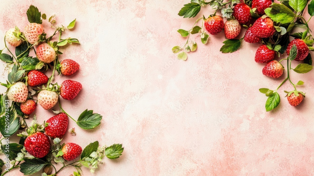 Poster fresh strawberries arranged on a light pink background with greenery showcasing a summery vibe and a