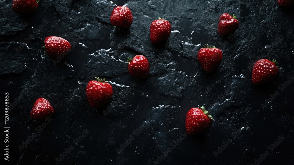 Aufkleber fresh strawberries scattered on a dark textured surface creating a vibrant contrast suitable for foo