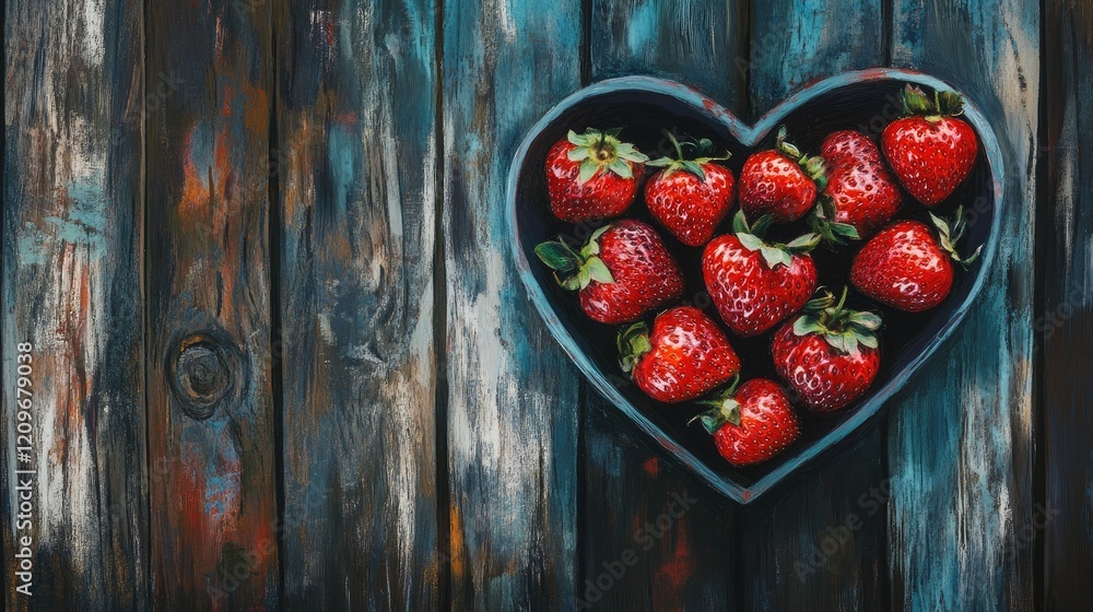 Poster fresh strawberries arranged in heart shaped container on rustic wooden table background