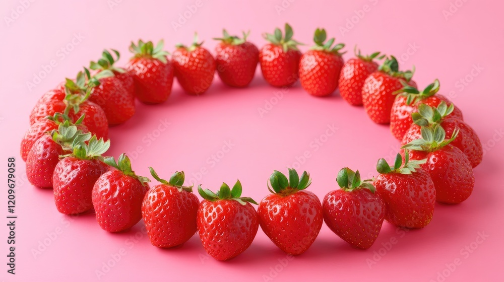Poster fresh strawberries beautifully arranged in a circular pattern on a vibrant pink background creating 