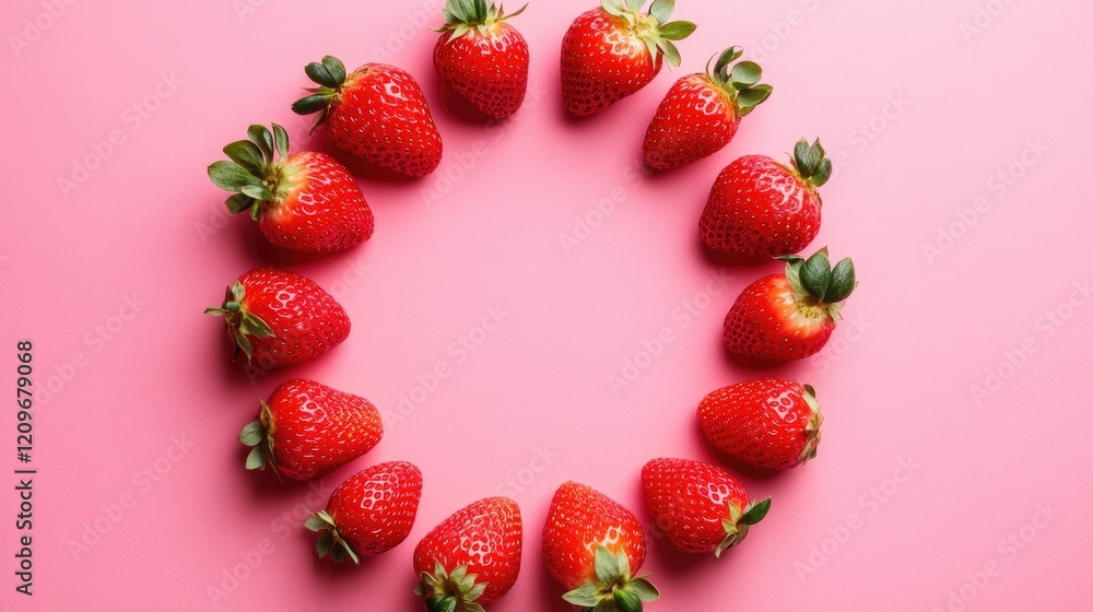 Poster fresh strawberries beautifully arranged in a circular pattern on a vibrant pink background for a che