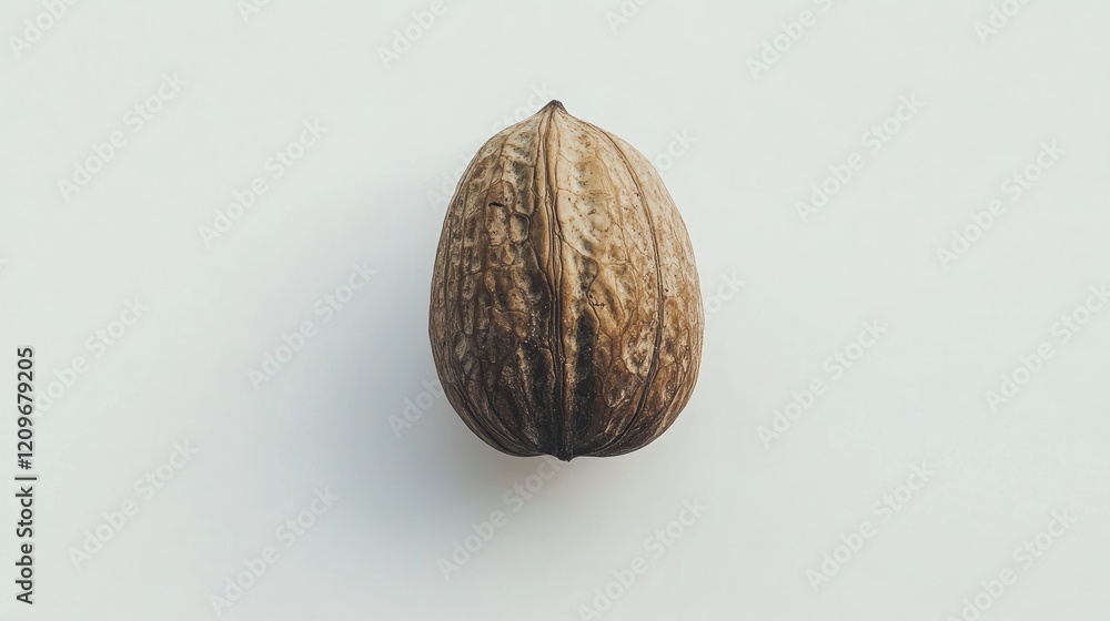 Aufkleber Detailed close-up of a single walnut showcasing its textured shell isolated on a light neutral background for culinary or health-related use.