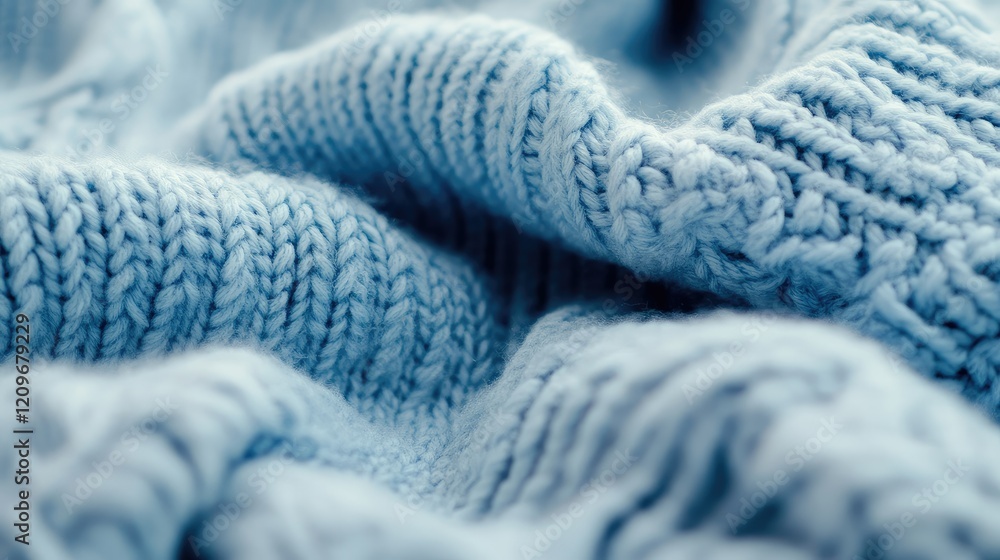 Aufkleber Textured soft blue knitted fabric creating a cozy and warm atmosphere with intricate patterns and gentle folds.
