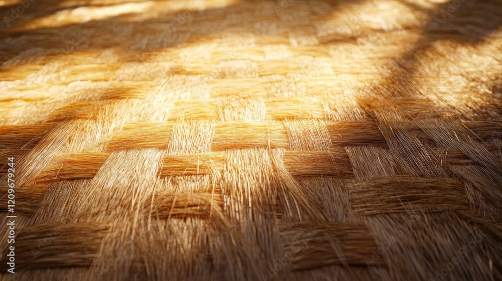 Poster illuminated straw matting texture showcasing natural weave patterns and warm light effects on tradit