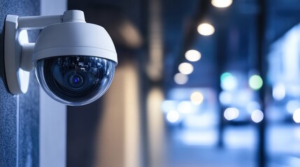 Surveillance Camera with Clear Lens in Urban Setting Illuminated by Soft Blue Evening Lights and Blurred Traffic Background