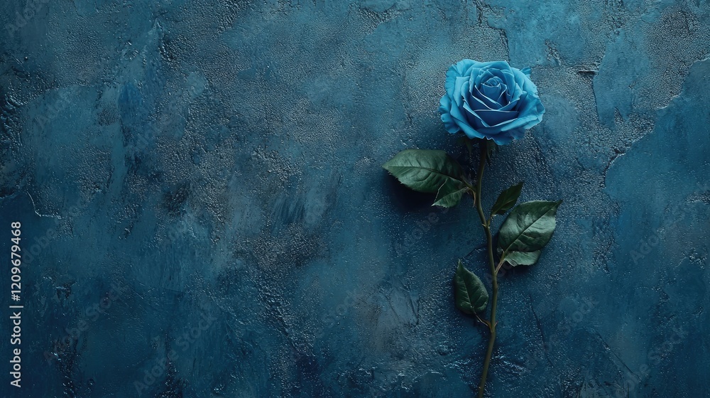 Poster single blue rose on textured deep blue background minimalistic design with elegant placement and sof