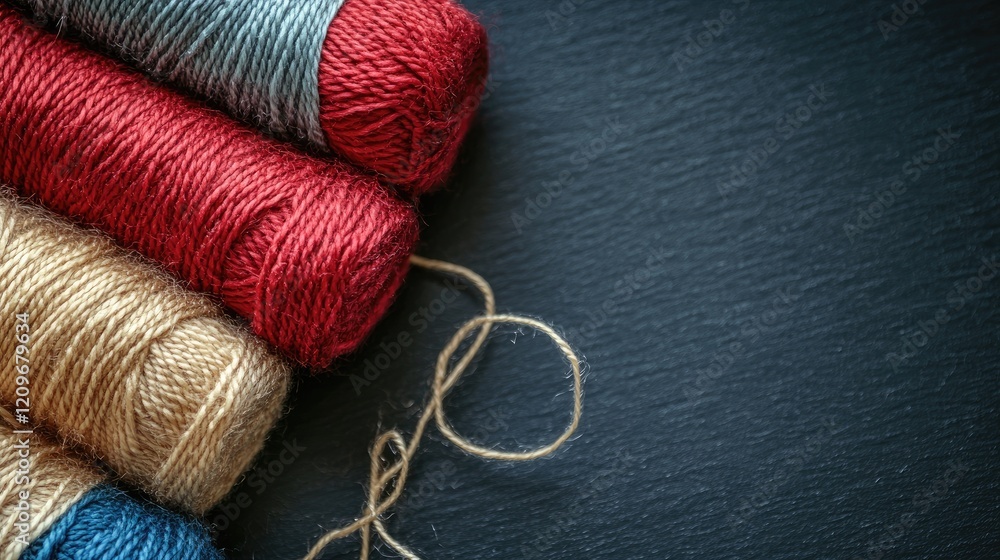 Poster colorful skeins of wool and thread arranged on a dark background showcasing texture and vibrant hues