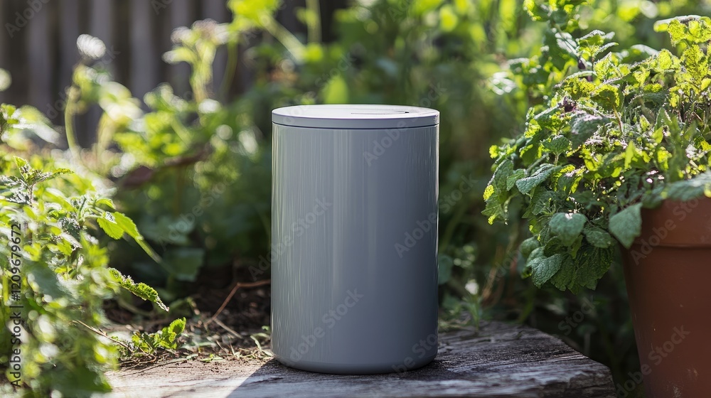 Poster minimalist grey single wall filter without lid surrounded by lush greenery on a natural surface in o