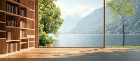 Tranquil interior featuring a wooden bookcase with panoramic lake views enhancing a peaceful and serene atmosphere