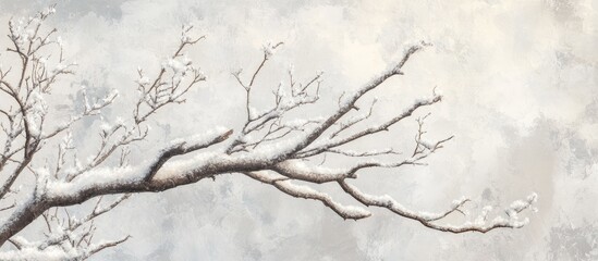 Tranquil winter scene featuring snow-laden branches against a soft gray background ideal for holiday cards and nature-inspired designs with ample text space