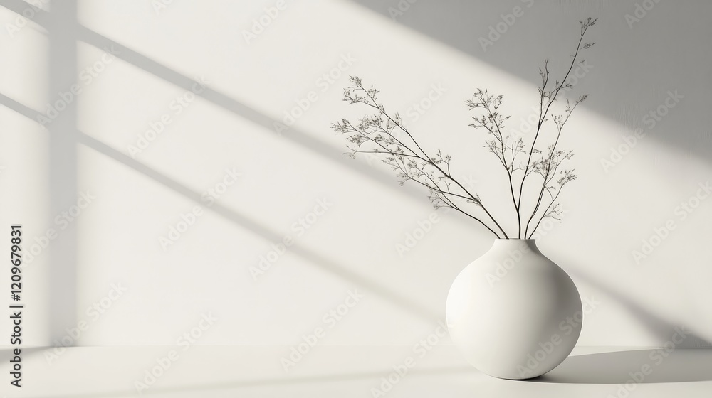 Poster minimalist still life composition featuring a white ceramic vase with delicate branches against a br