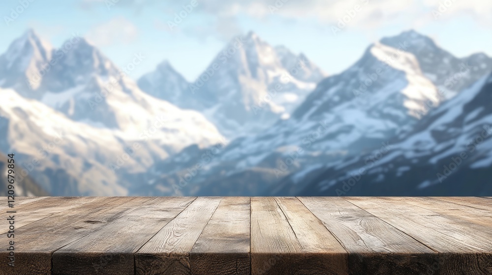 Poster Mountain Summit Blurred Background with Empty Wooden Surface for Display or Product Presentation in Natural Scenic Environment