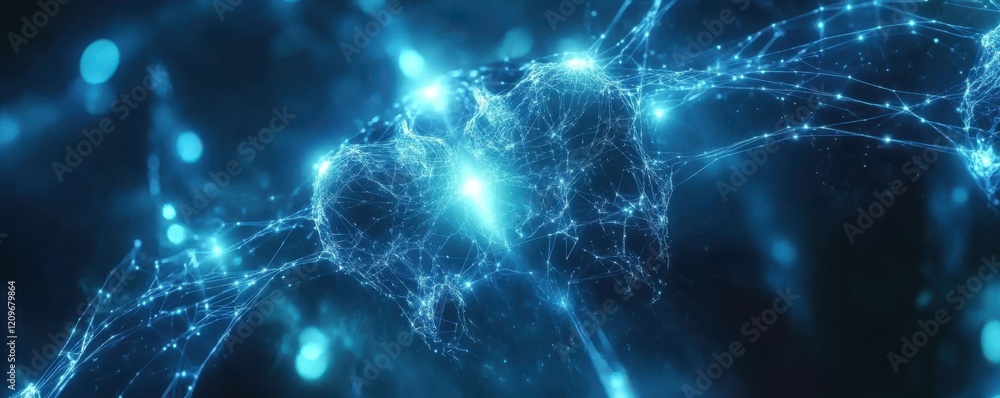 Poster abstract network of blue glowing nodes and lines, futuristic tech concept.
