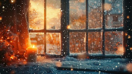 Cozy Winter Window Scene: Candlelight and Snowfall