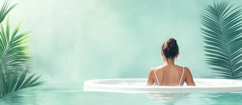 Relaxed woman enjoying a tranquil hot tub surrounded by lush green palms with a soft aqua backdrop offering space for personalized text.