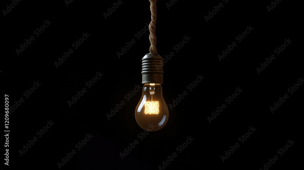 Poster Single illuminated bulb hanging from rope in dark background creating a warm and inviting atmosphere for interior design concepts