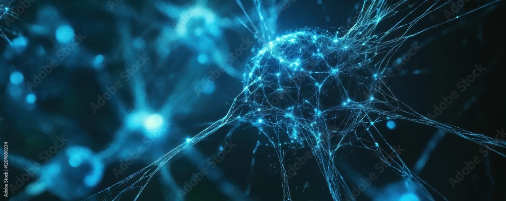 Poster abstract network of blue glowing nodes and lines, futuristic tech concept.