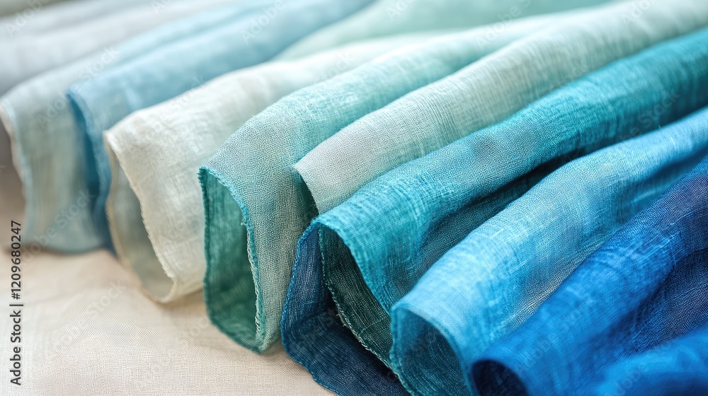 Aufkleber Elegant Soft Blue Turquoise Fabric Folds Displaying Texture and Color Variation in Layers Ideal for Textile and Design Concepts