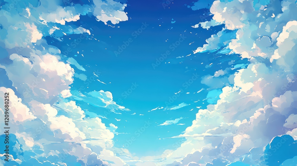 Poster Vibrant blue sky adorned with soft fluffy white clouds creating a serene and tranquil atmosphere ideal for backgrounds and nature themes