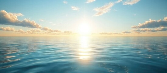 Fototapeta premium Serene summer seascape with calm azure waters reflecting pastel skies and soft golden clouds at sunset featuring ample negative space for text