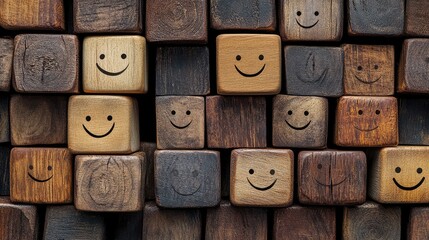 Wooden cubes with smiley faces arranged in a grid pattern, featuring various wood tones and textures, emphasizing self-esteem and awareness themes.