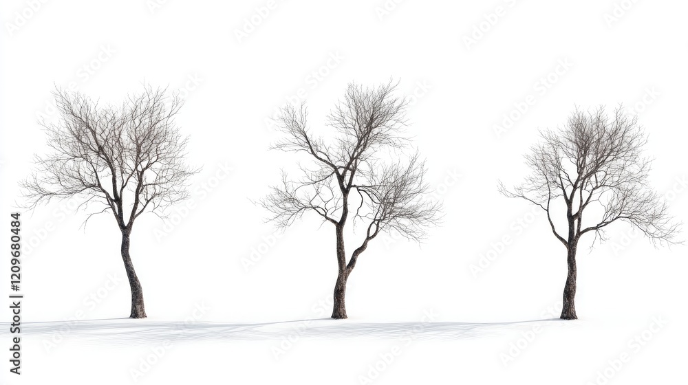 Poster winter landscape featuring three bare trees standing alone in a snowy white background showcasing th