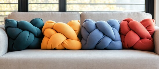 Vibrant knotted pillows in teal orange yellow blue and red arranged on a modern light gray sofa near large windows with natural light and blank space