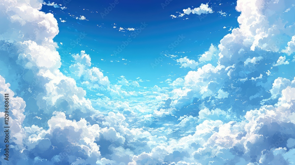 Poster vibrant sky blue backdrop adorned with fluffy white clouds creating a serene and picturesque atmosph