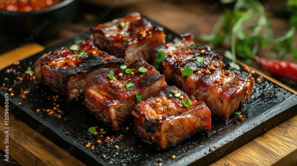 Poster sizzling smoked pork belly with unique spices on a rustic wooden table