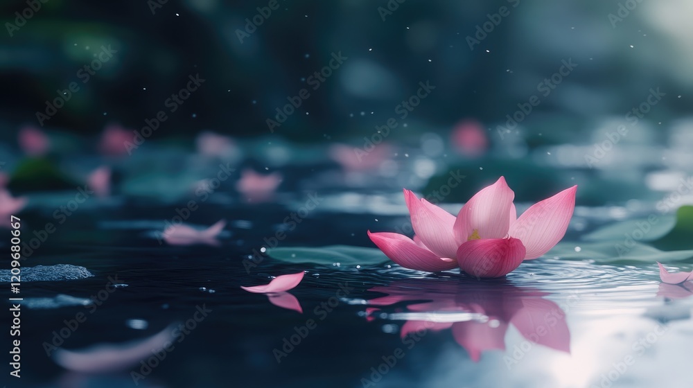 Poster Serene pink lotus flower floating on tranquil pond surface with delicate petals and soft reflections in calm waterçŽ¯å¢ƒæµ®åŠ¨çš„å¹³é™ç²‰è‰²èŽ²èŠ±