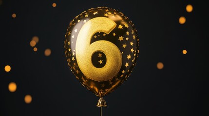 Sixth Birthday Celebration Balloon with Gold Foil Stars on Elegant Black Background