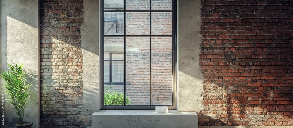 Poster contemporary window design highlighted by rustic brick wall blending modern and industrial architect