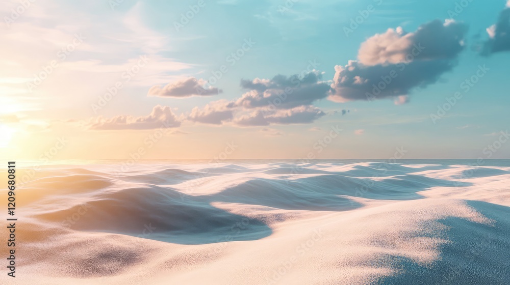 Poster serene coastal landscape with soft wave patterns in light blue and sandy beige tones under a vibrant