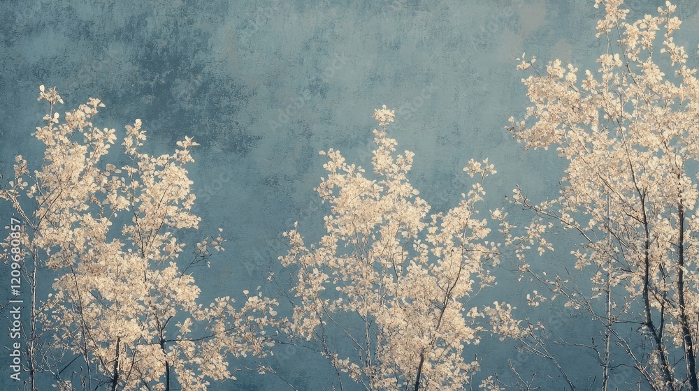 Poster Silvery poplar branches against a textured blue background creating a serene and calming desktop backdrop for nature enthusiasts