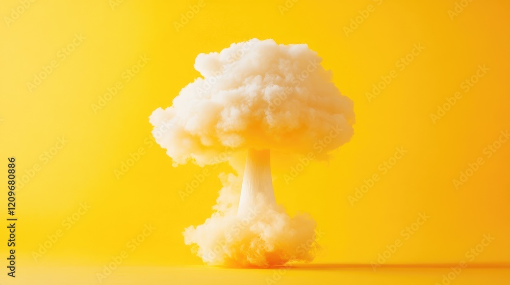Poster mushroom cloud shape created from soft white clouds against vibrant yellow background