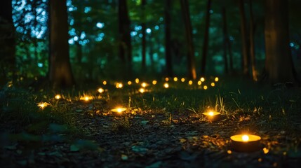Glowing Candles Illuminating a Serene Dark Forest Pathway with Green Foliage and Soft Ambient Light in the Background