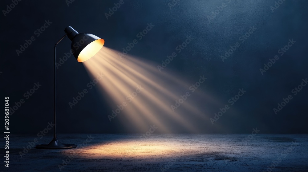 Poster elegant lit desk lamp emitting bright rays of light in a calm dark setting