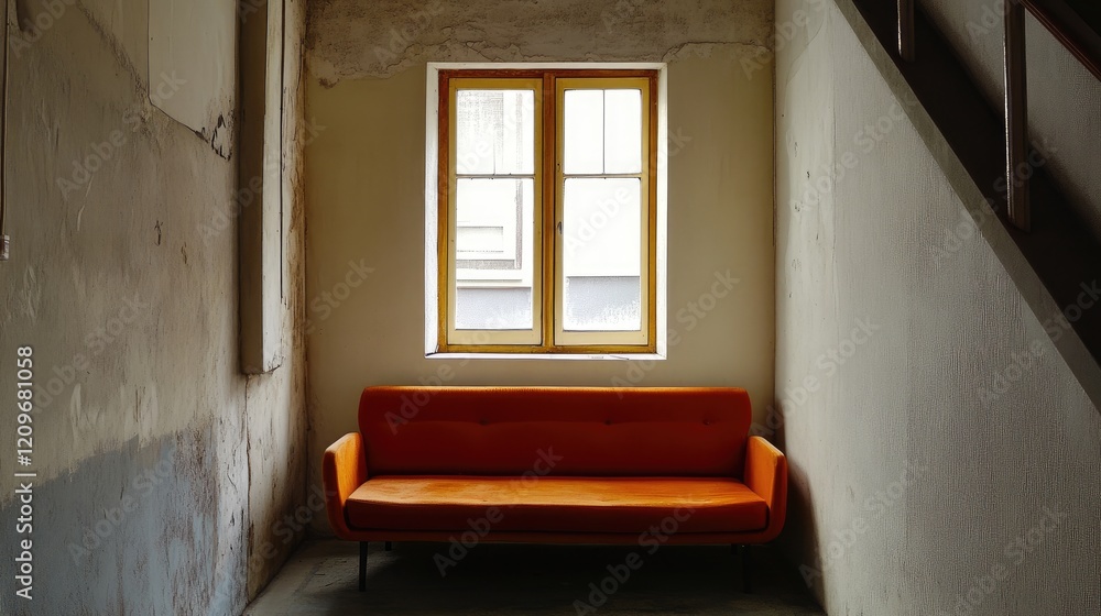 Poster elegant sofa under a box window in a loft-style interior featuring natural light and minimalist deco