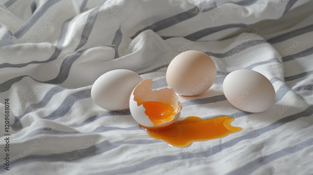 Poster fresh and broken eggs on striped napkins showcasing the contrast between whole and cracked eggs in a