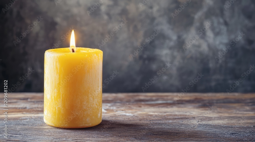 Poster Yellow candle burning softly on rustic wooden table with blurred dark background creating a warm and inviting ambiance.