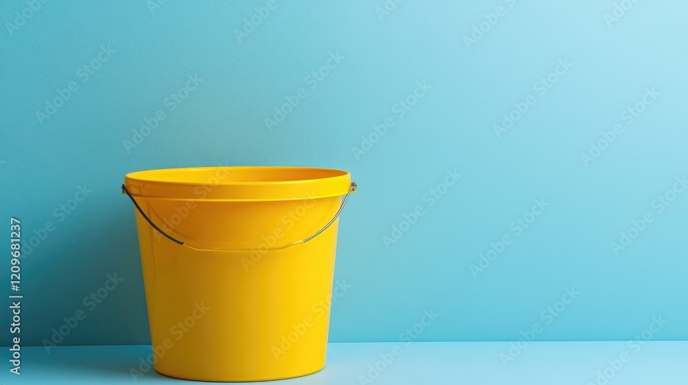 Poster Bright yellow bucket against a blue background with ample space for text and creative design elements for marketing purposes
