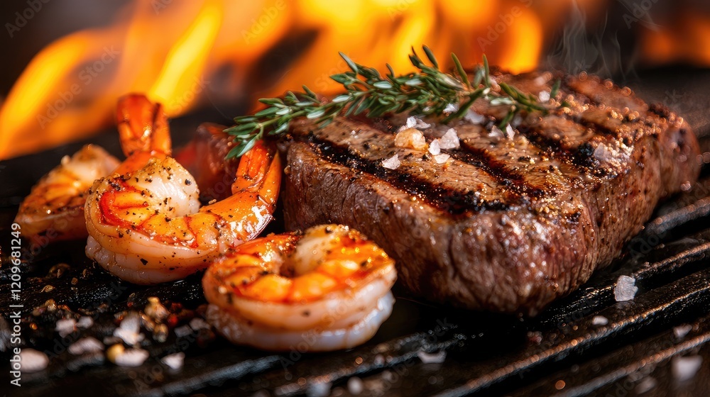 Poster sizzling grilled shrimp and steak with herbs on a fiery background creating a culinary delight for f