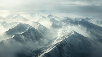 Aerial Perspective of Snow-Capped Mountains Under Soft Cloud Cover from Airplane Cabin