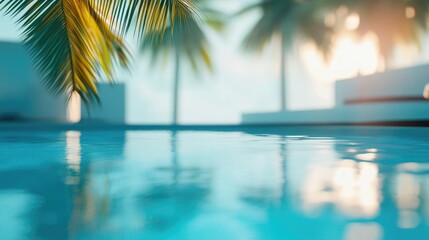 Obraz premium Tranquil poolside retreat with soft focus greenery and gentle light reflections on tranquil water surface