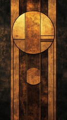Abstract art deco poster with symmetrical geometric shapes, layered in metallic retro tones like gold and bronze