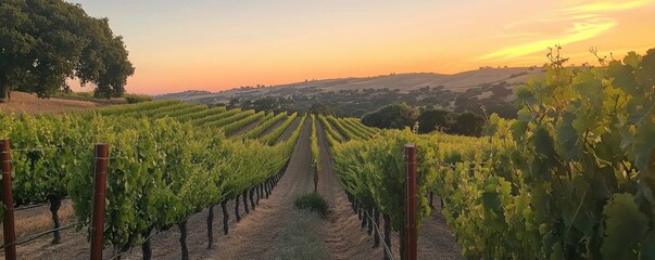Scenic vineyard with rolling hills and vibrant grapevines at sunset.