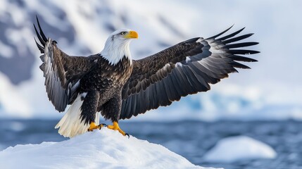 Majestic Stellers sea eagle showcasing its wings in a stunning winter landscape by the icy waters of the Arctic region.