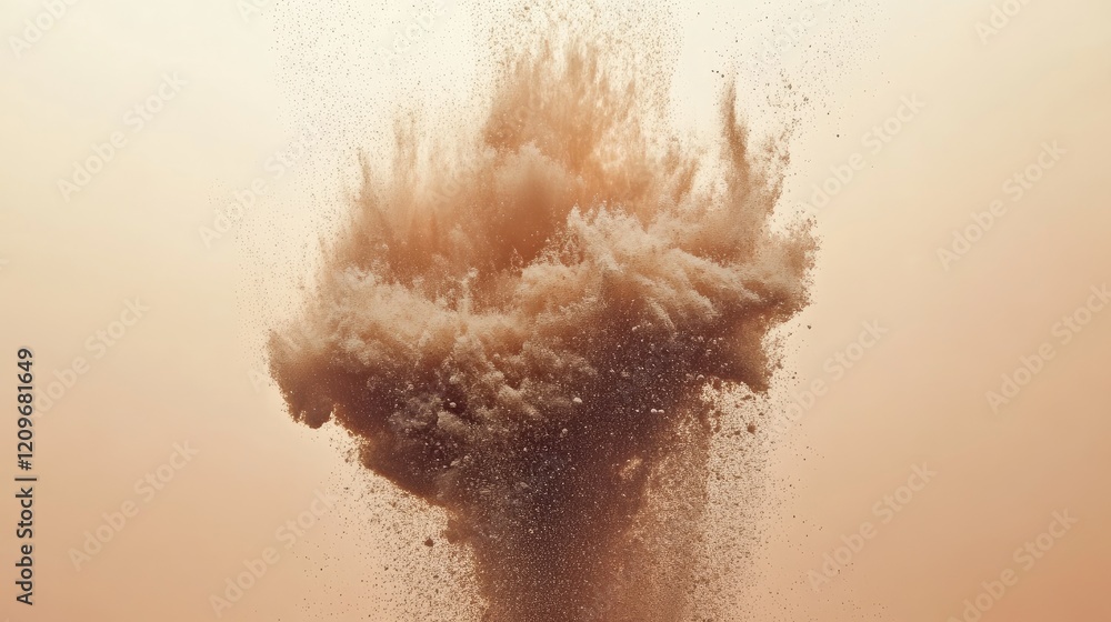 Poster Brown powder dispersing in clear water creating vibrant splashes against a soft pastel background in an artistic and abstract visual composition.