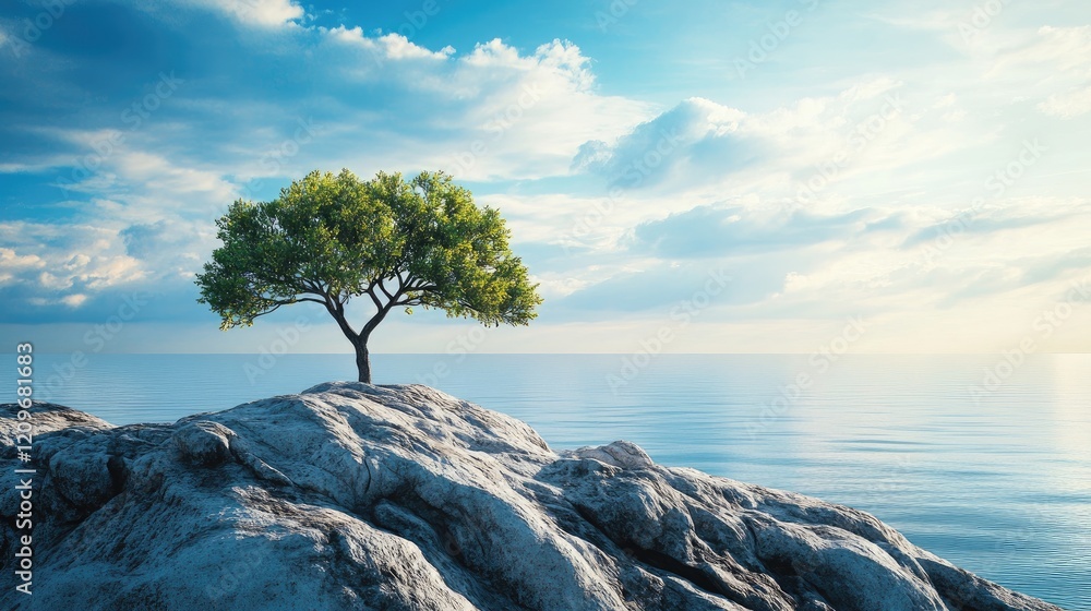 Poster solitary tree on rocky shore against serene sea and sky with soft clouds and gentle waves reflecting